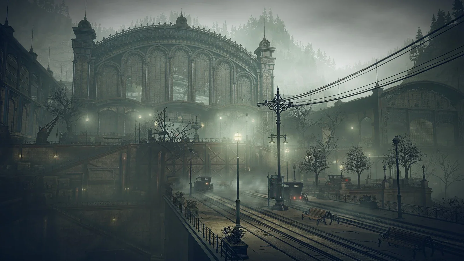 A huge arched railway station with gothic towers under a grey, misty sky, with gas lamps and empty tracks leading into the fog