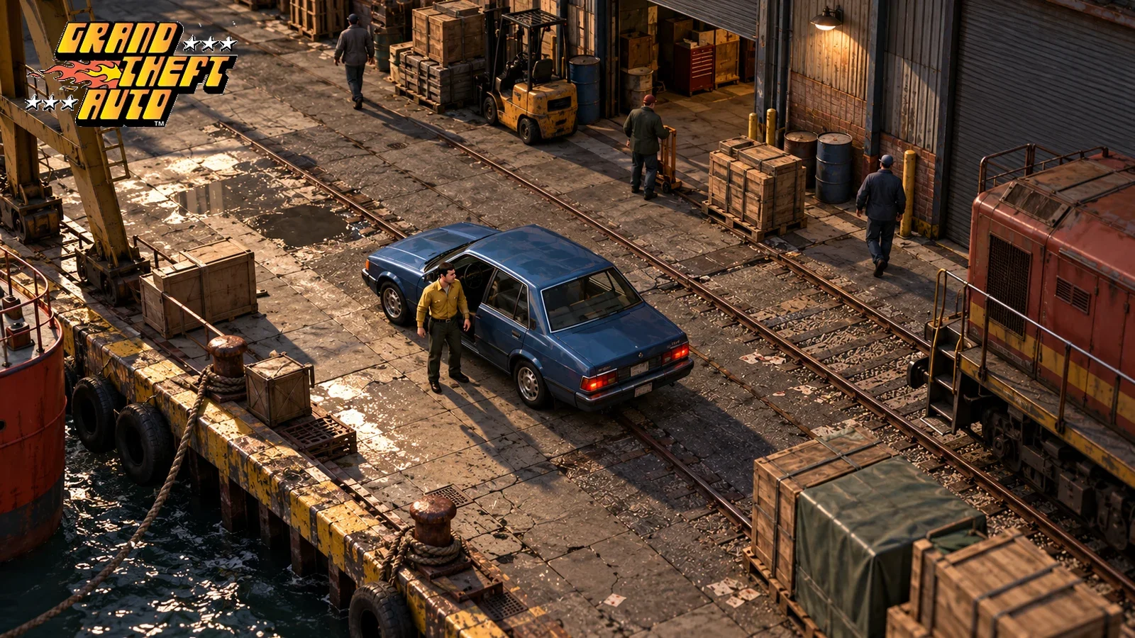AI illustration inspired by the original GTA, showing an overhead dockside scene with a blue car, crates and railway tracks.