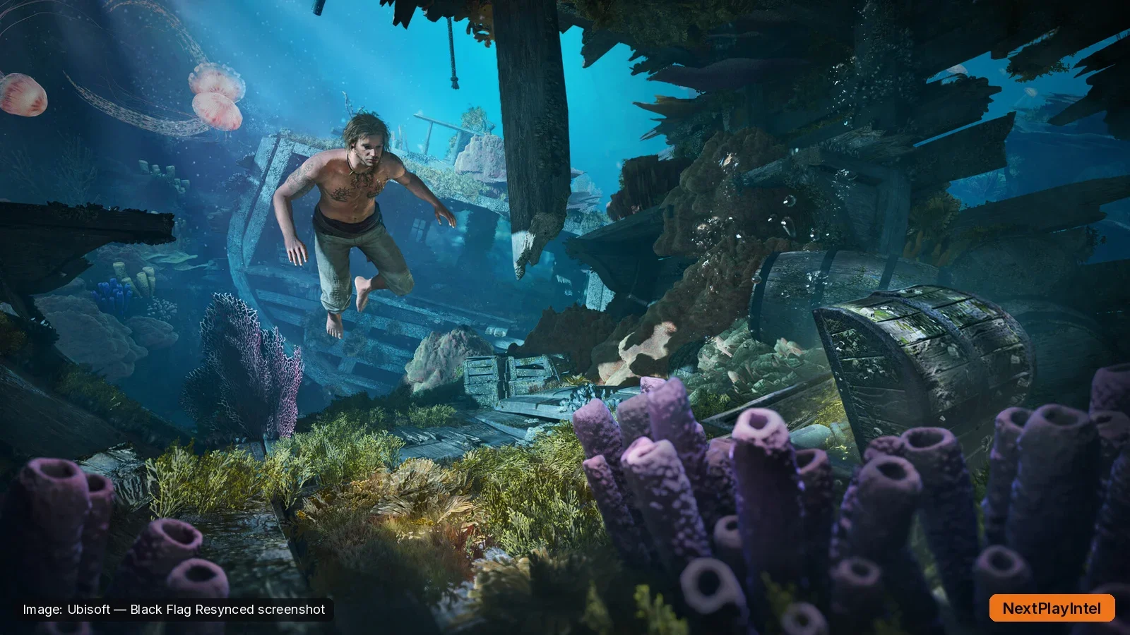 Underwater exploration with sharks and wreckage in Black Flag Resynced