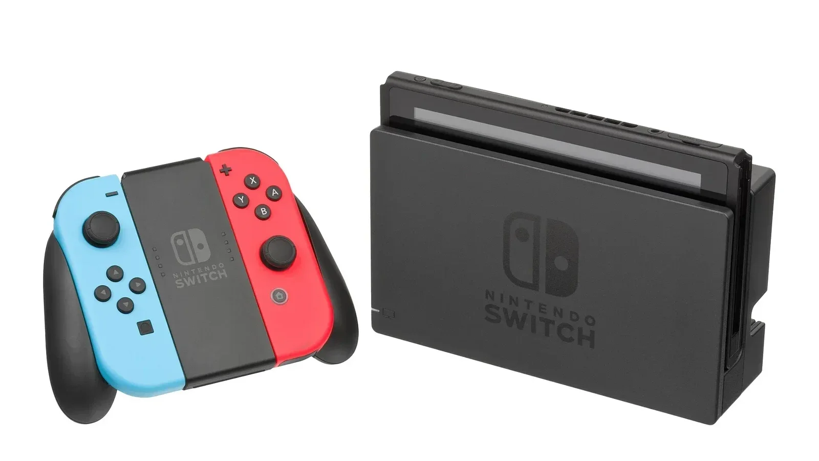Original Nintendo Switch in its dock with red and blue Joy-Con