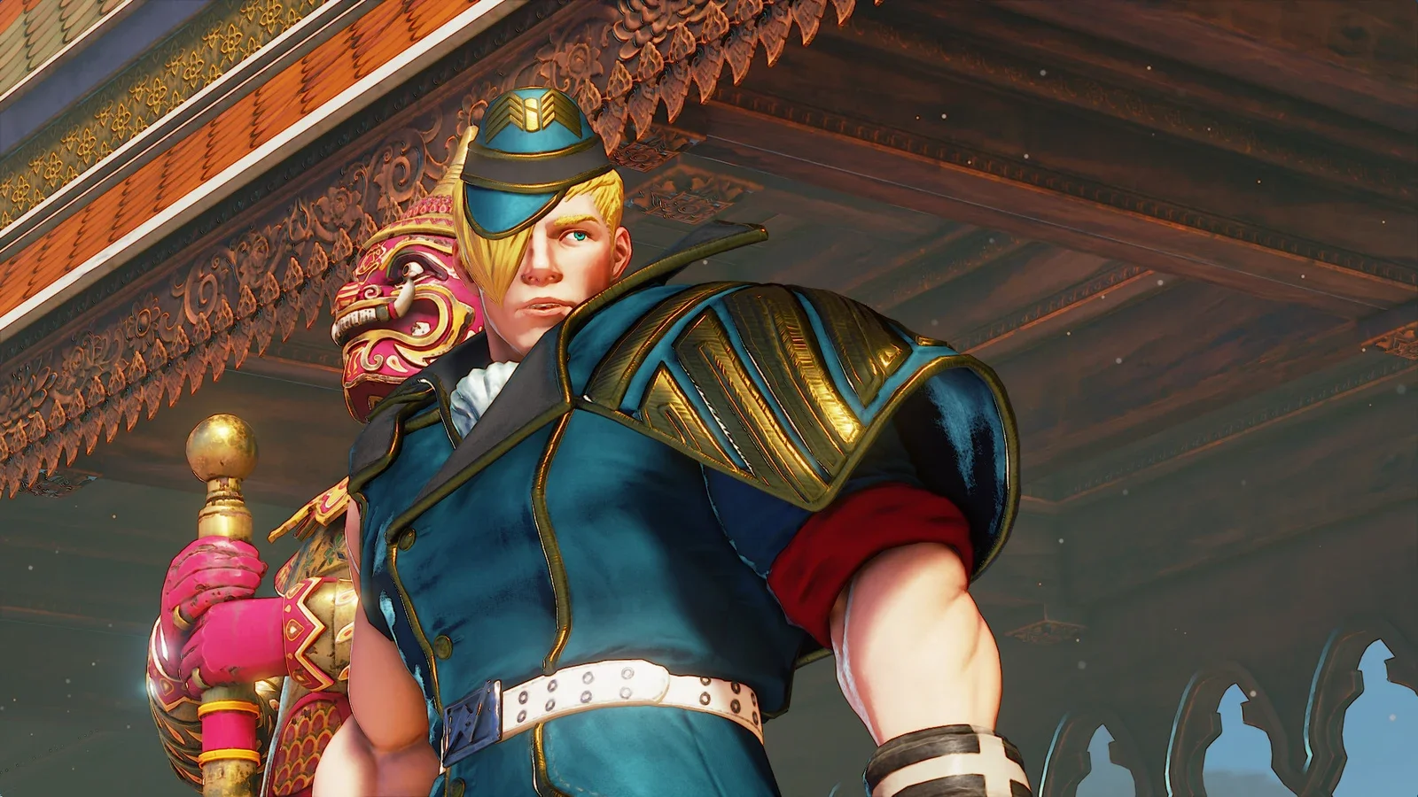 A Street Fighter V fighter in a blue coat and feathered headdress poses on a sunlit stage