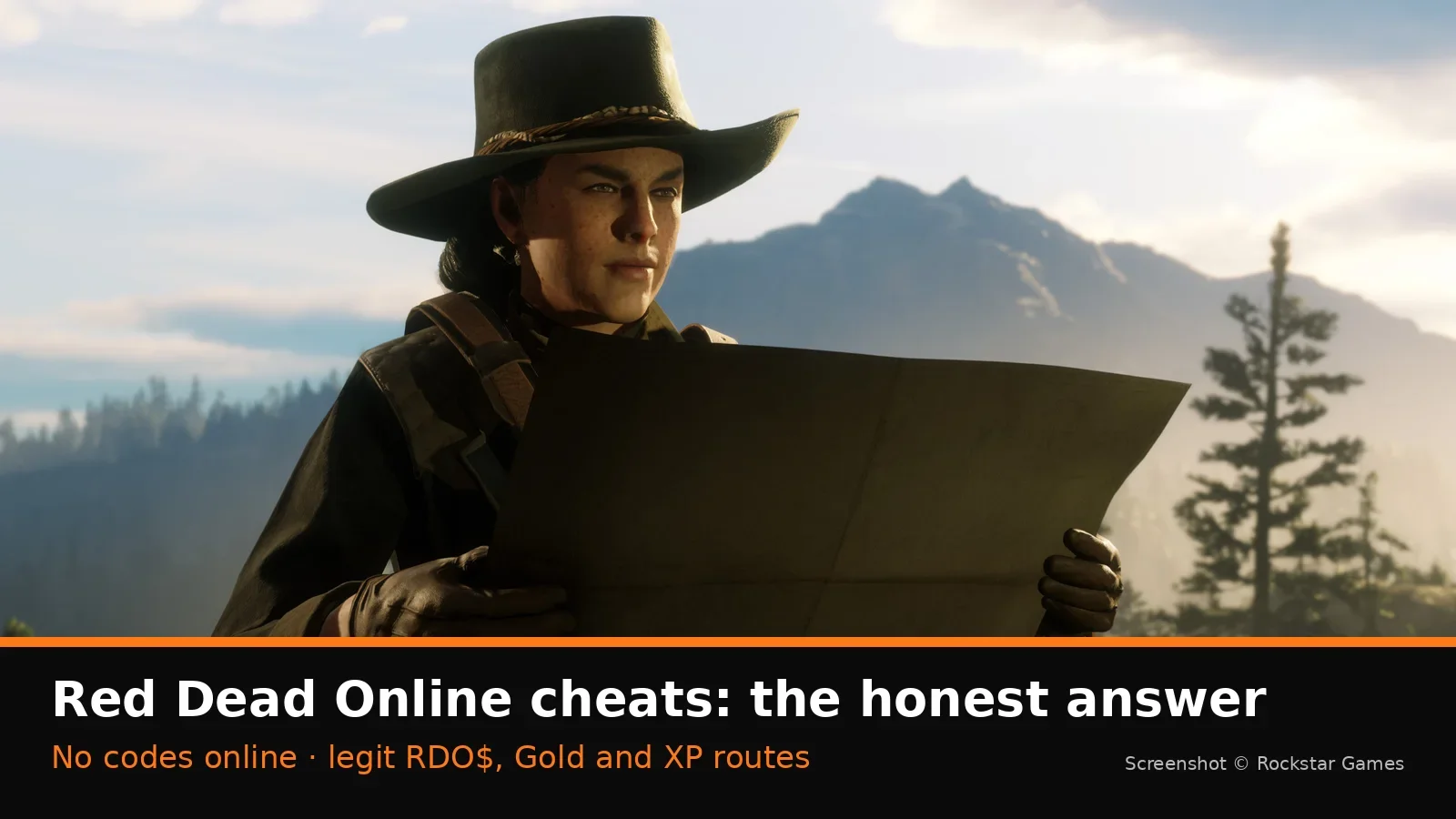 Official Red Dead Online screenshot of a player studying a map in the hills, with NextPlayIntel cheats explainer label