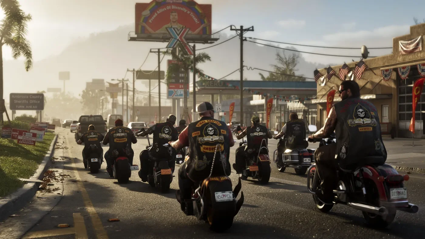 Motorcyclists riding along a road in Ambrosia.