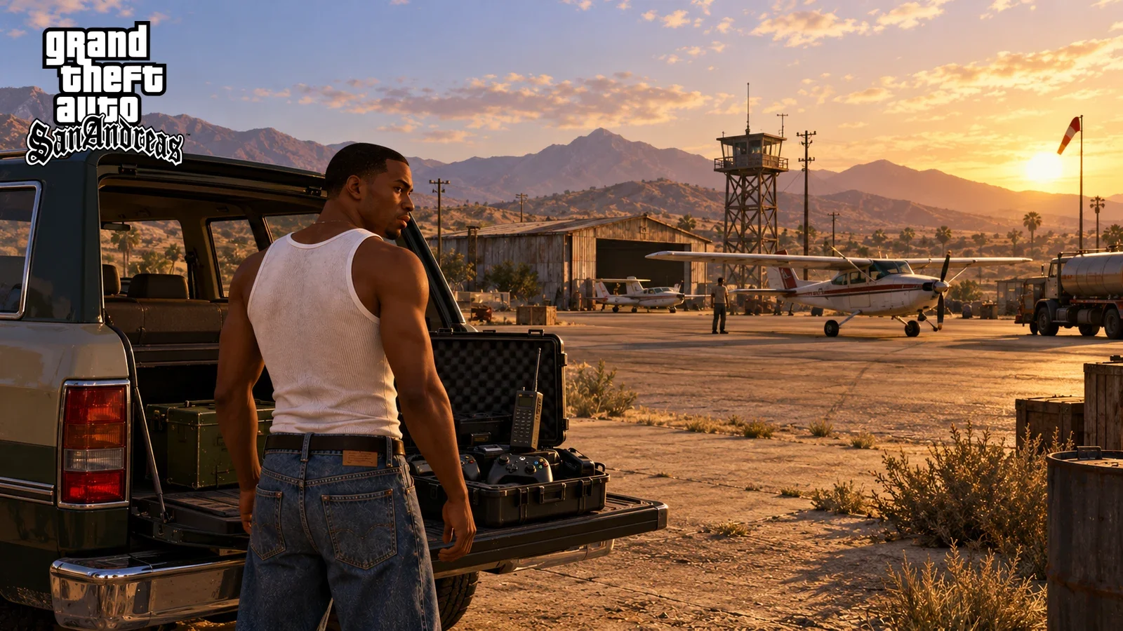 AI illustration of CJ beside an equipment case on a pickup at a desert airstrip with a small plane.