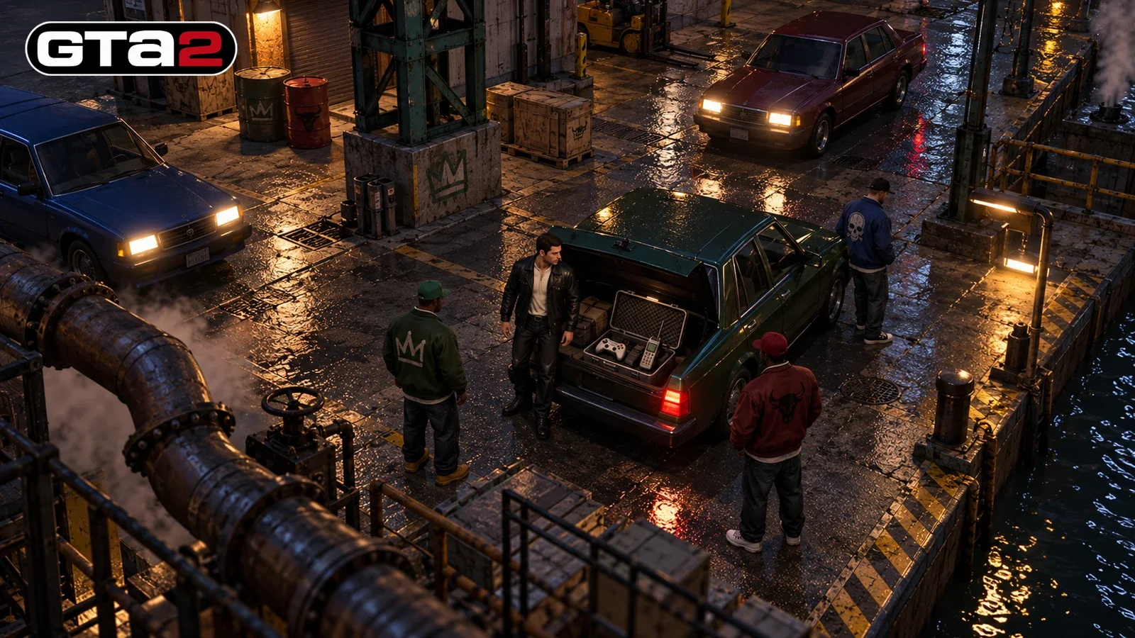 AI illustration inspired by GTA 2, showing people and cars around an open car boot in an industrial district.
