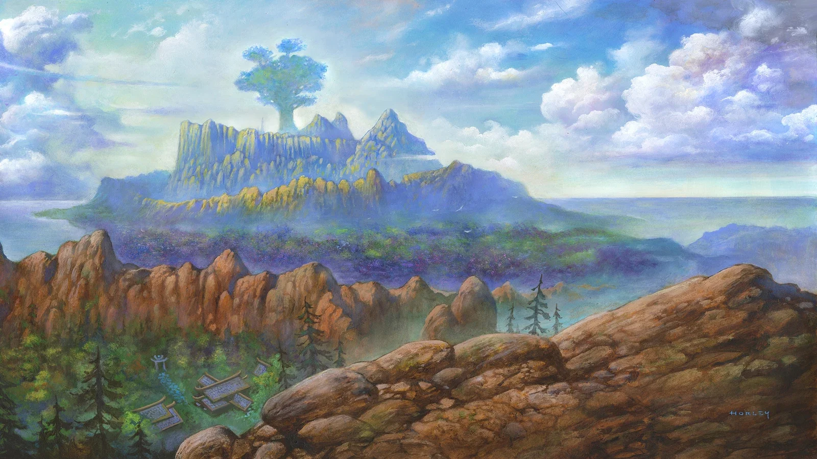 Painted landscape of a huge tree on a flat-topped mountain above forests and red rock canyons under a bright blue sky with white clouds