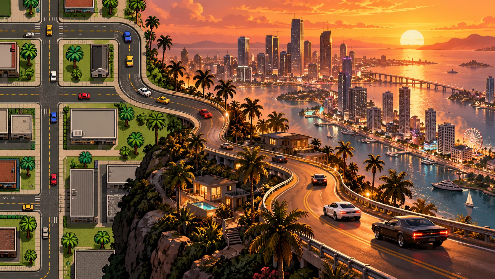 Concept illustration of an overhead street grid transitioning into a detailed coastal city at sunset.