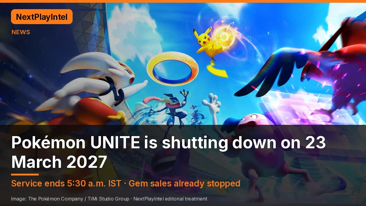 Pokémon UNITE key art showing Cinderace, Pikachu, Greninja, Gengar and Mr. Mime with the end-of-service date