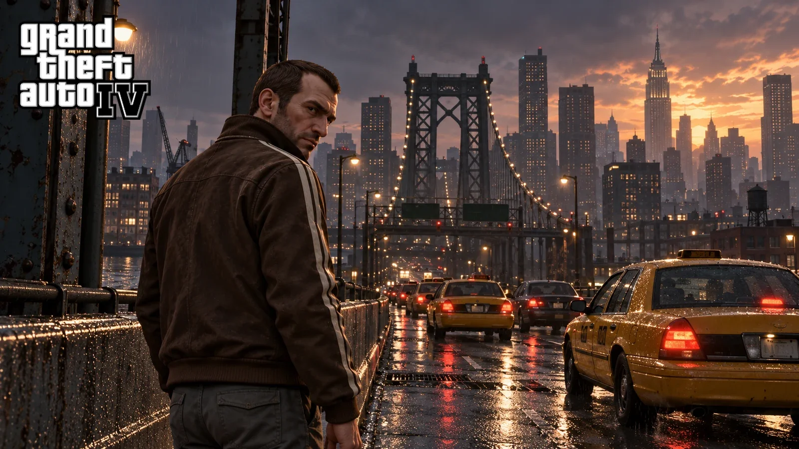 AI illustration of Niko Bellic near yellow taxis on a rainy bridge approach at dusk.