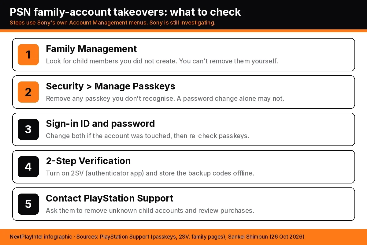 Infographic listing five PSN account checks: Family Management, Manage Passkeys, sign-in ID and password, 2-Step Verification and contacting PlayStation Support