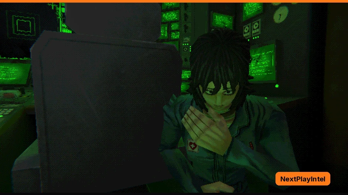 A dark-haired man in a green uniform sits slumped with his hand at his chest in a dim spaceship room lit by green screens