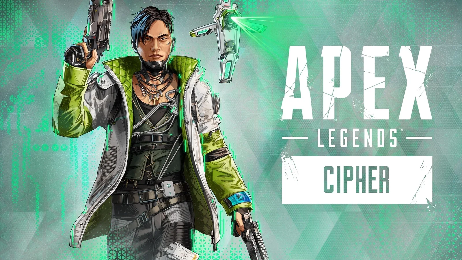 Crypto in a green and white jacket holds a pistol, with a small drone hovering beside him and the Apex Legends Cipher logo on the right