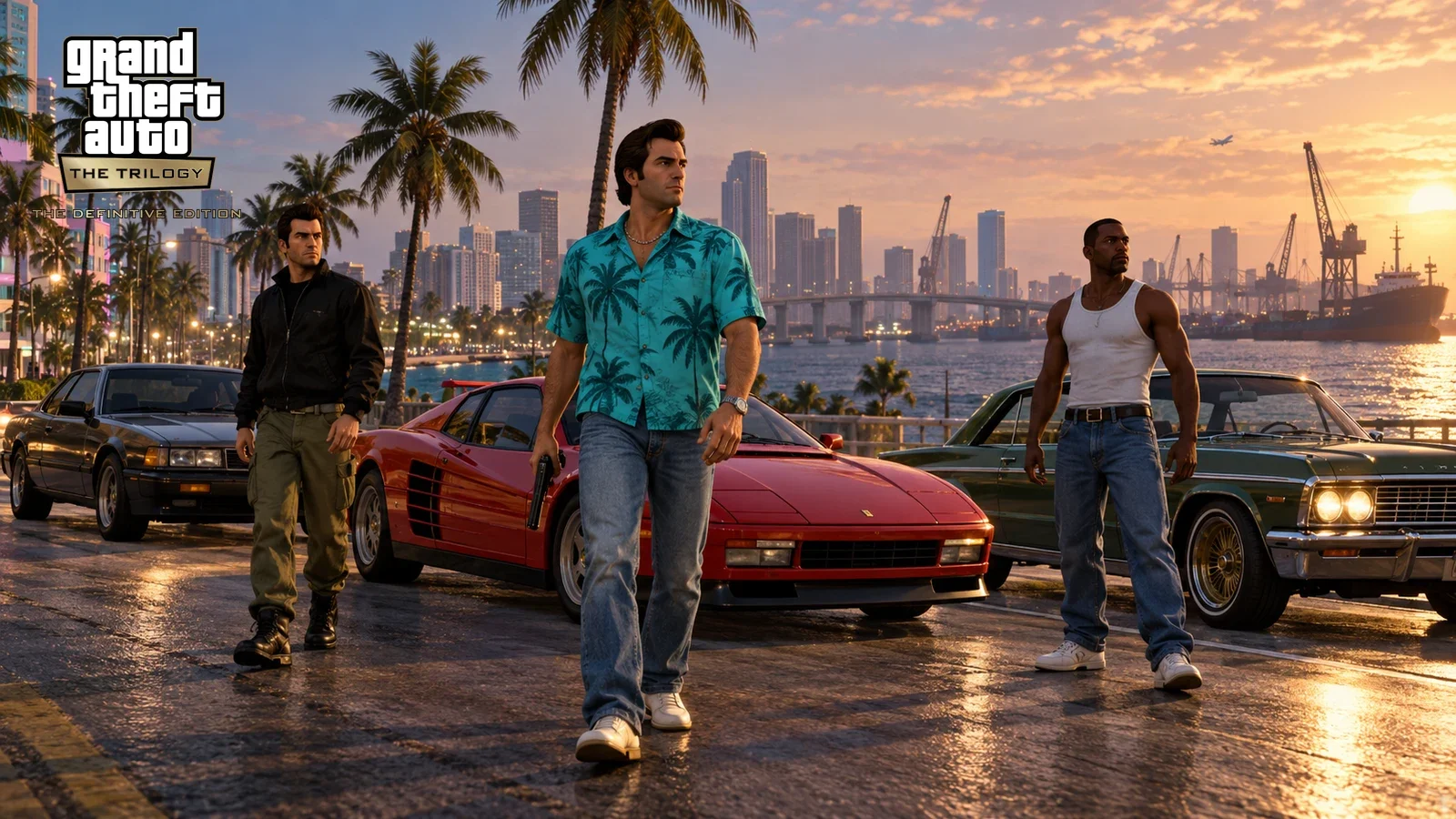 AI illustration of Claude, Tommy Vercetti and CJ walking past classic cars on a palm-lined waterfront.