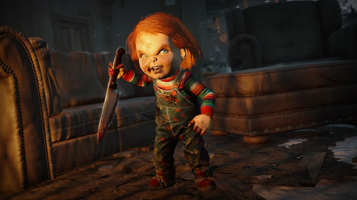 Chucky, the red-haired doll in denim overalls and a striped shirt, holds a large kitchen knife in a dimly lit room