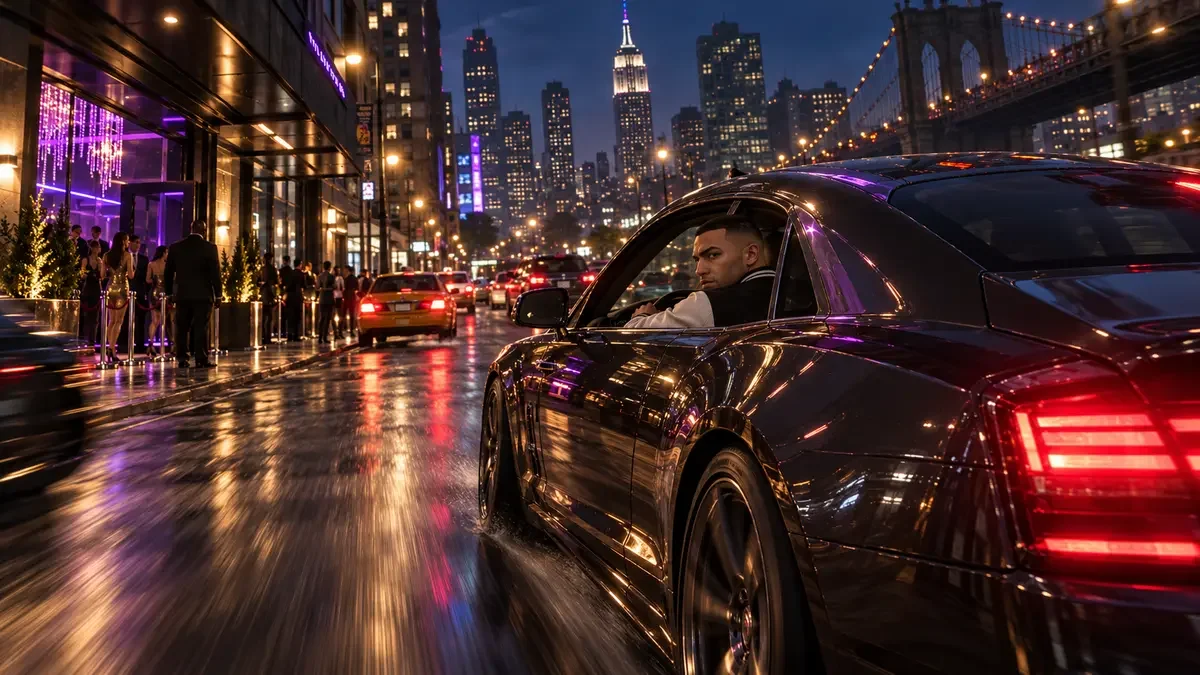 AI illustration of Luis Lopez in a luxury car outside a neon-lit nightclub on a wet city street.