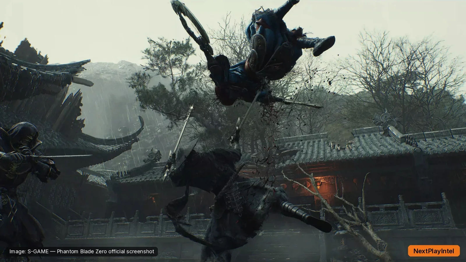 Phantom Blade Zero official screenshot of an aerial sword attack against enemies near a temple
