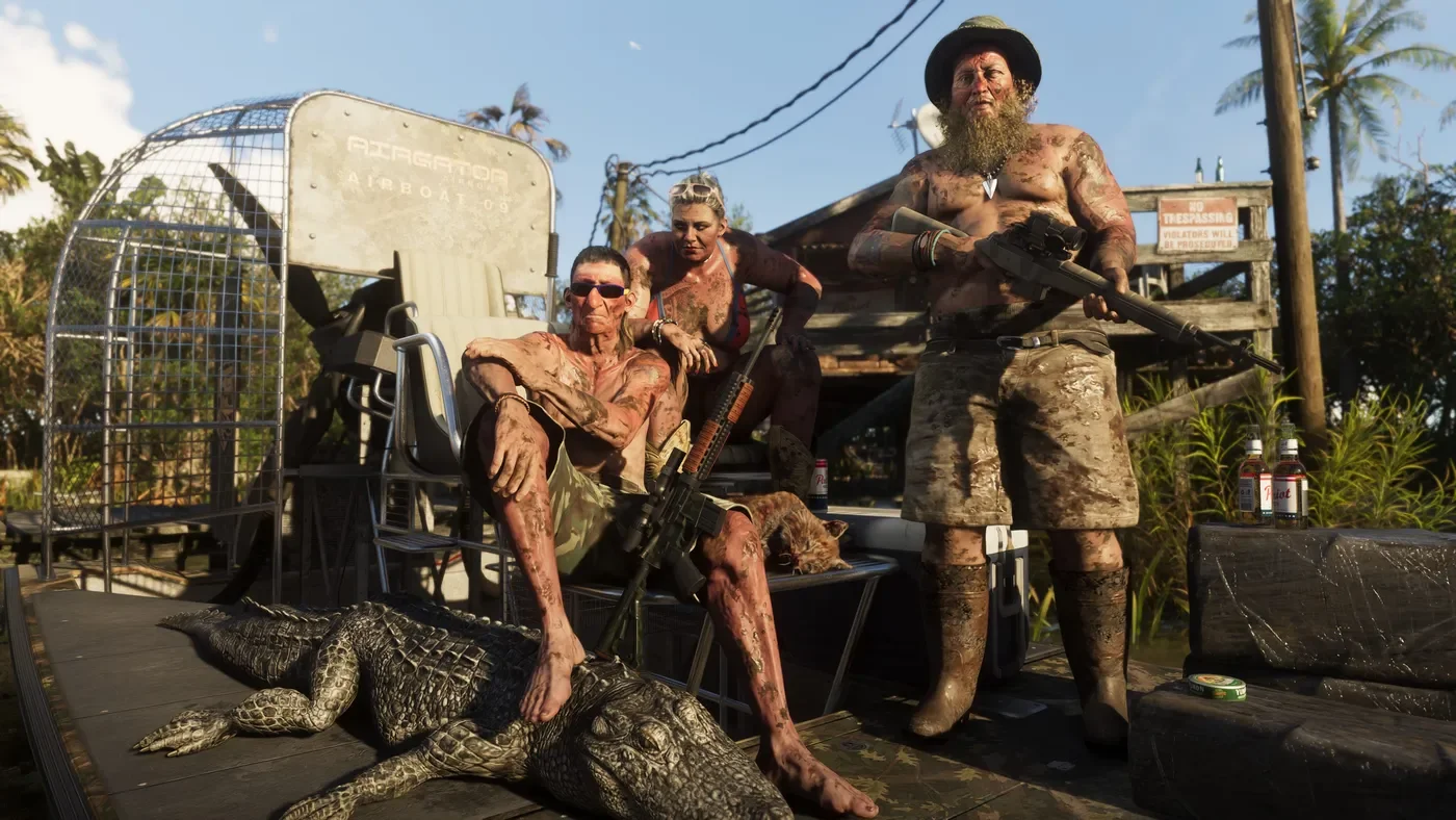 People posing beside an alligator in the Grassrivers screenshot.
