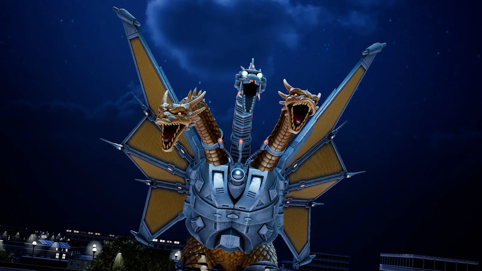 Official Godzilla: Destroy All Monsters Melee Remastered screenshot of Mecha-King Ghidorah at night