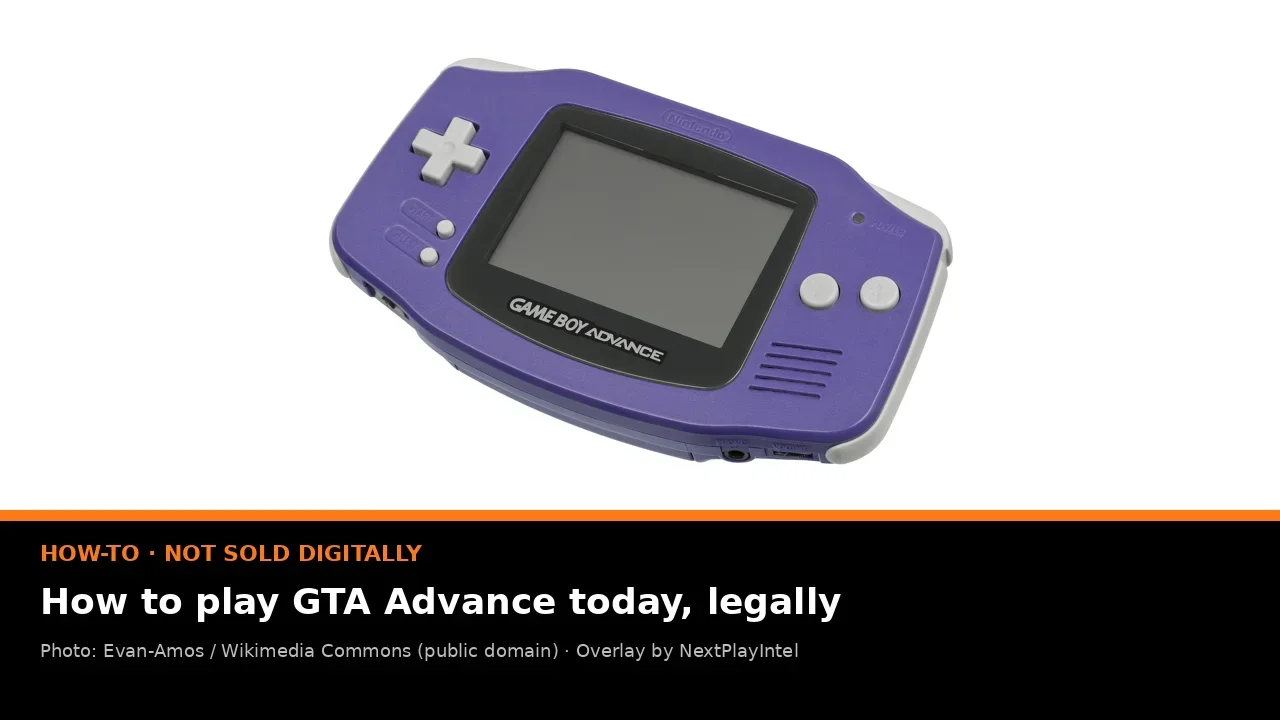 Photo of a purple Game Boy Advance handheld with a NextPlayIntel label reading How to play GTA Advance today, legally