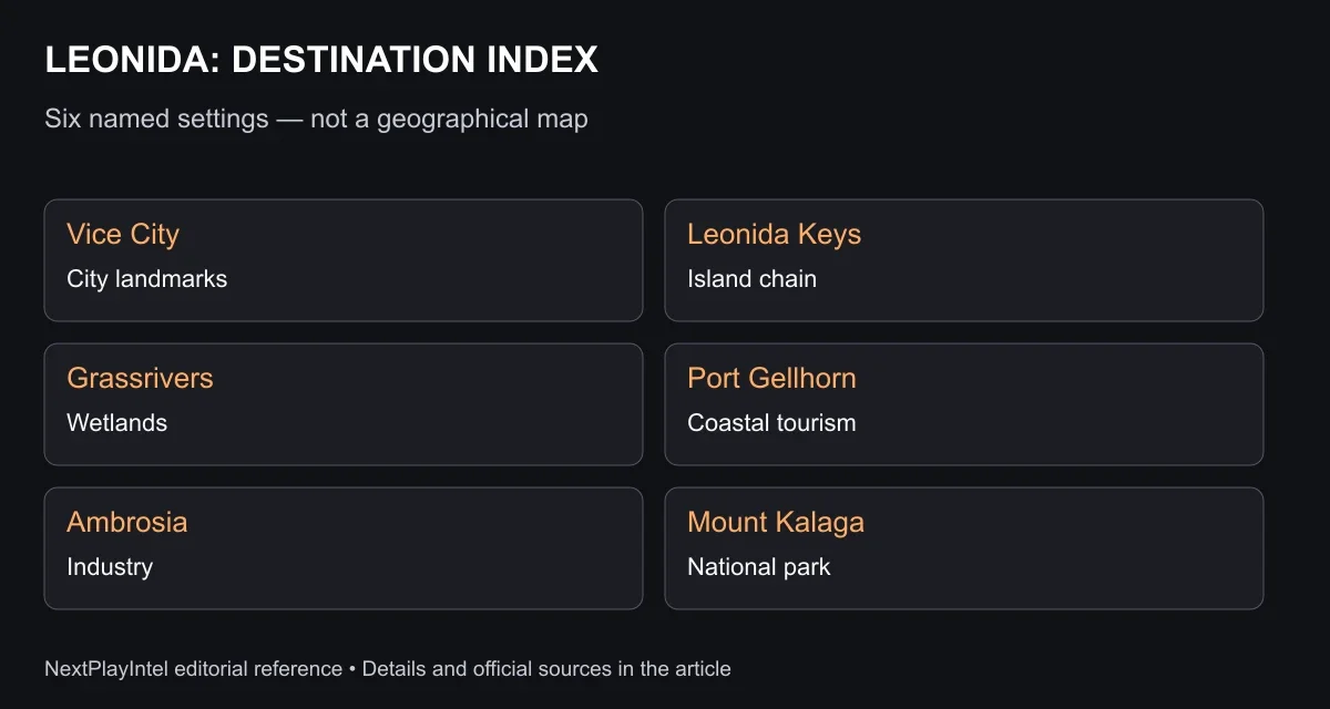 LEONIDA: DESTINATION INDEX. Six named settings — not a geographical map. See the text below for each comparison.