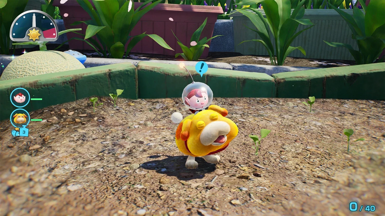A small red-haired explorer in a glass space helmet rides a yellow and white dog-like creature across a sunlit dirt garden, with sprouting seedlings, a melon and green hedges behind