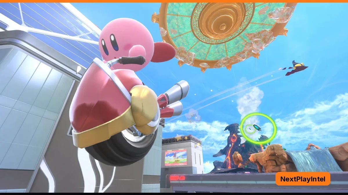 Kirby rides a red single-wheeled bike through a city, with a large ornate floating disc and a green target ring in the sky behind