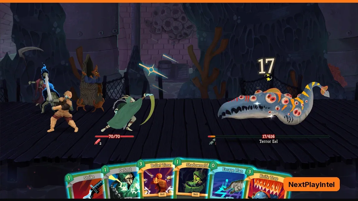 Card battle in a dark underwater cave: a small warrior faces a large spiny blue fish creature, with a hand of colourful cards along the bottom of the screen