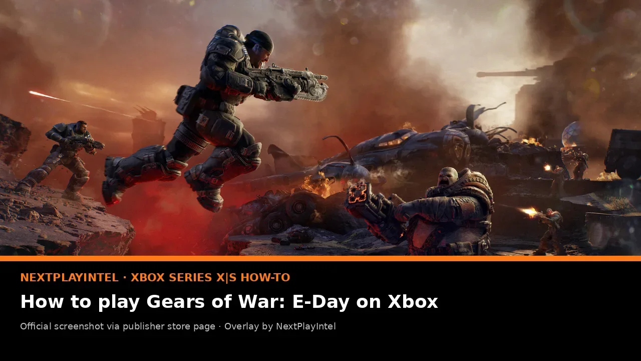 Official Gears of War: E-Day screenshot of a COG soldier leaping over rubble while firing, with NextPlayIntel Xbox how-to label