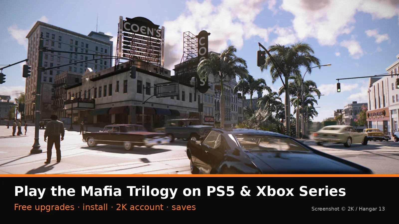 Official Mafia III: Definitive Edition screenshot of a New Bordeaux street, with NextPlayIntel console how-to label