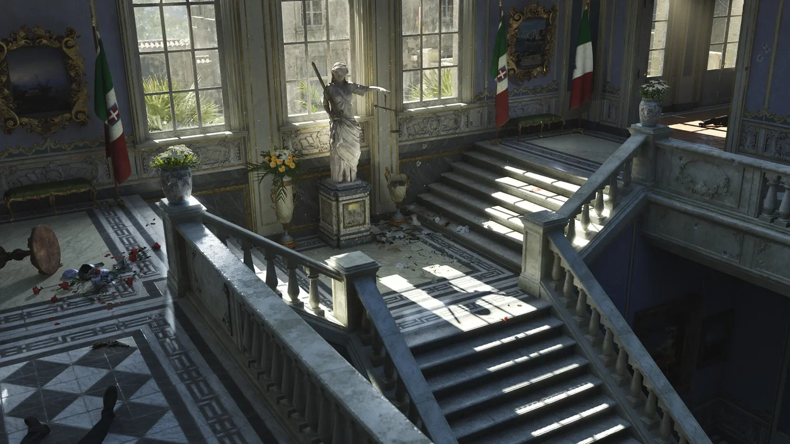 Official Mafia: The Old Country screenshot of a grand marble staircase inside an ornate Sicilian palazzo