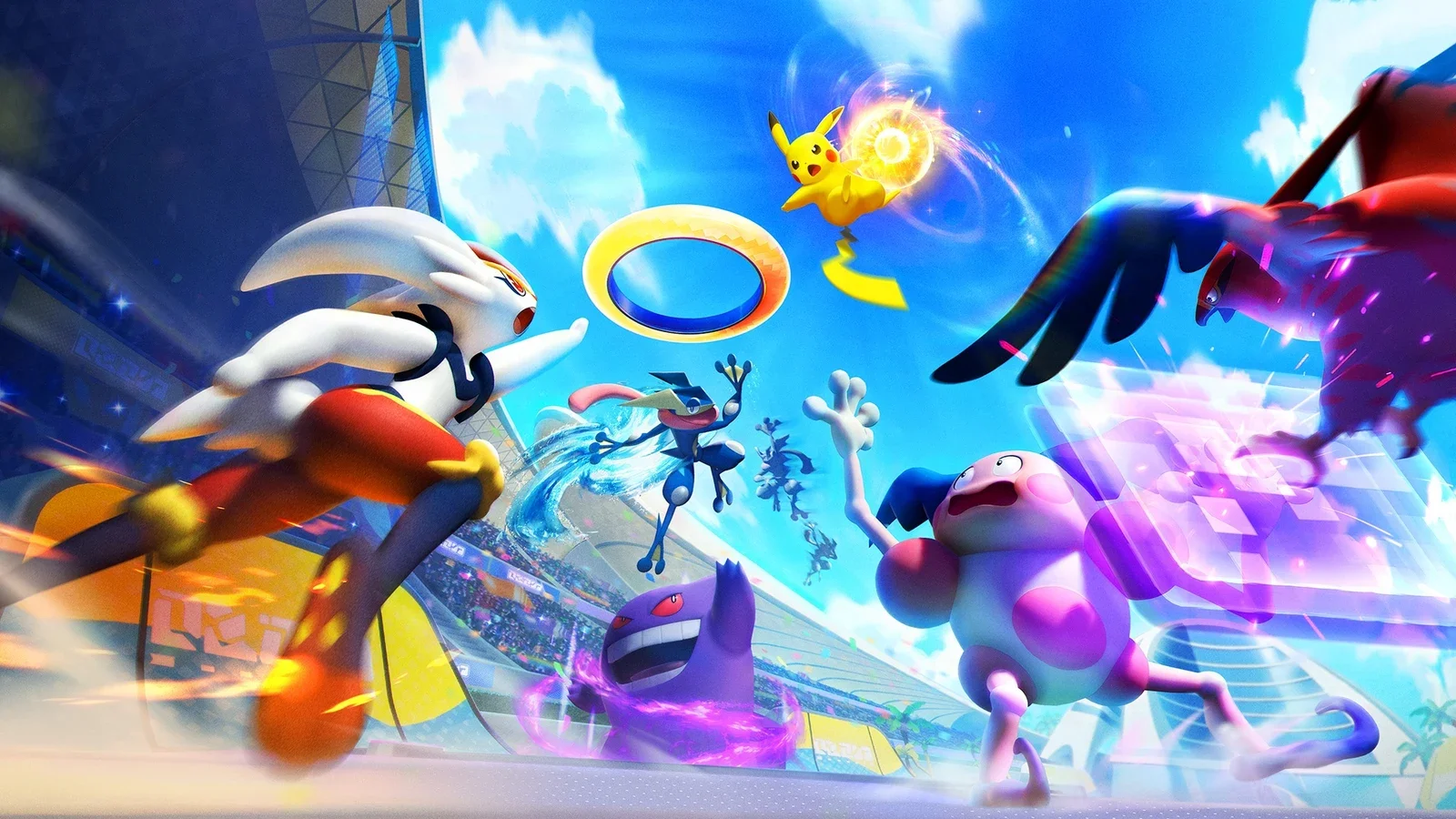 Pokémon UNITE key art of Pikachu and other Pokémon racing across a colourful arena