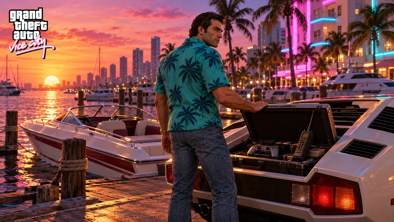 AI illustration of Tommy Vercetti beside an open sports-car boot at a tropical marina at sunset.