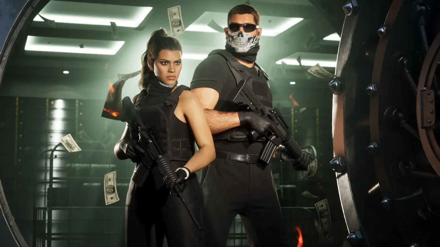 Jason and Lucia wearing tactical gear beside an open vault.