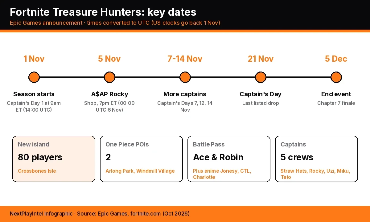 Infographic timeline of Fortnite Treasure Hunters dates: season start 1 November at 14:00 UTC, A$AP Rocky in the Shop on 5 November, Captain's Days through 21 November and the Chapter 7 end event on 5 December