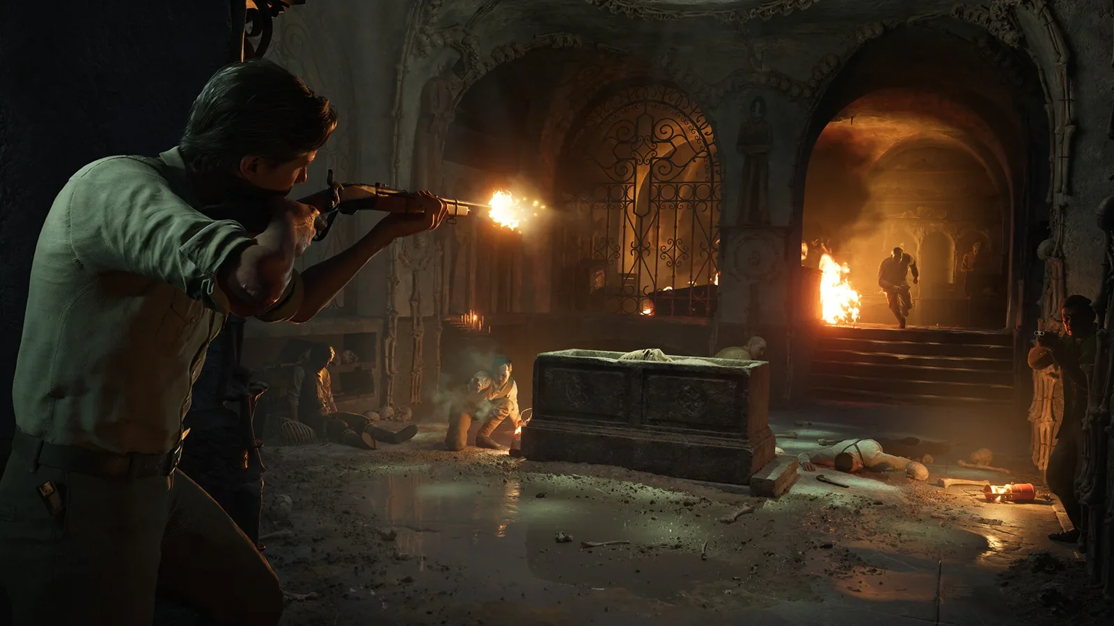 Official Mafia: The Old Country screenshot of Enzo firing from cover in a burning ruined church