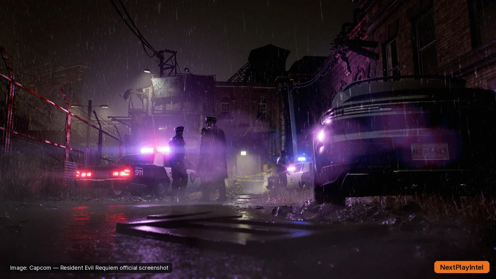 Resident Evil Requiem official screenshot of a rainy street at night lit by police lights