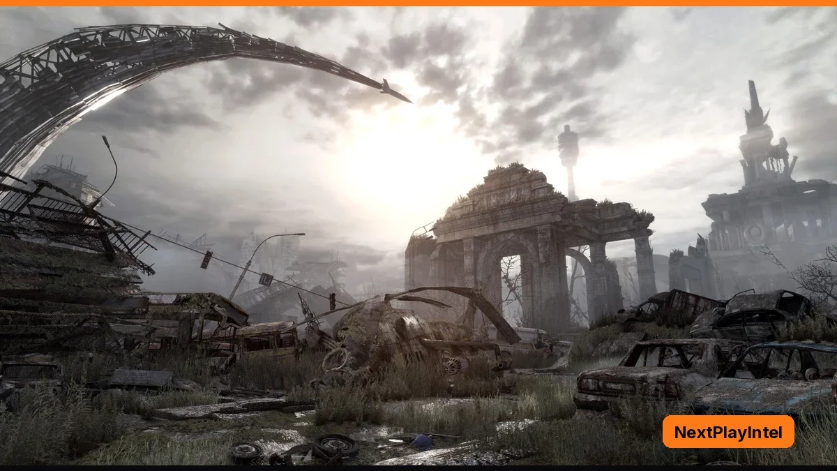 Ruined church and wrecked cars in an overgrown, post-apocalyptic Moscow under a hazy sky, with a huge curved metal structure arching overhead