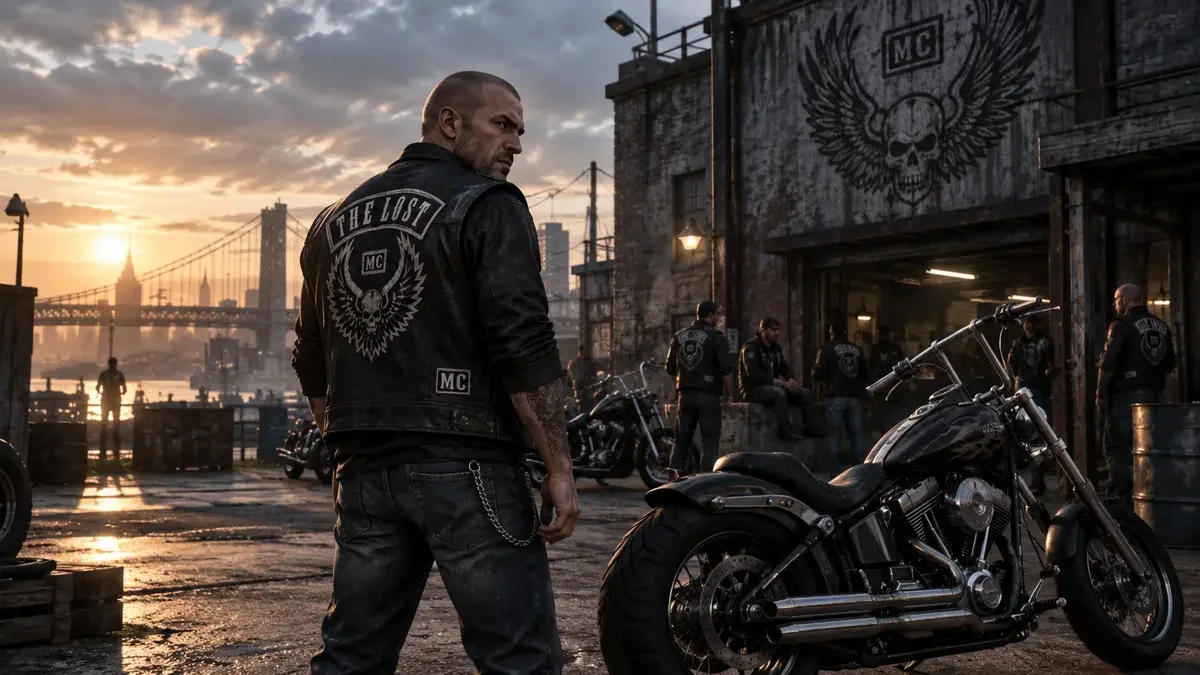 AI illustration of Johnny Klebitz beside a custom motorcycle outside the Lost MC clubhouse.