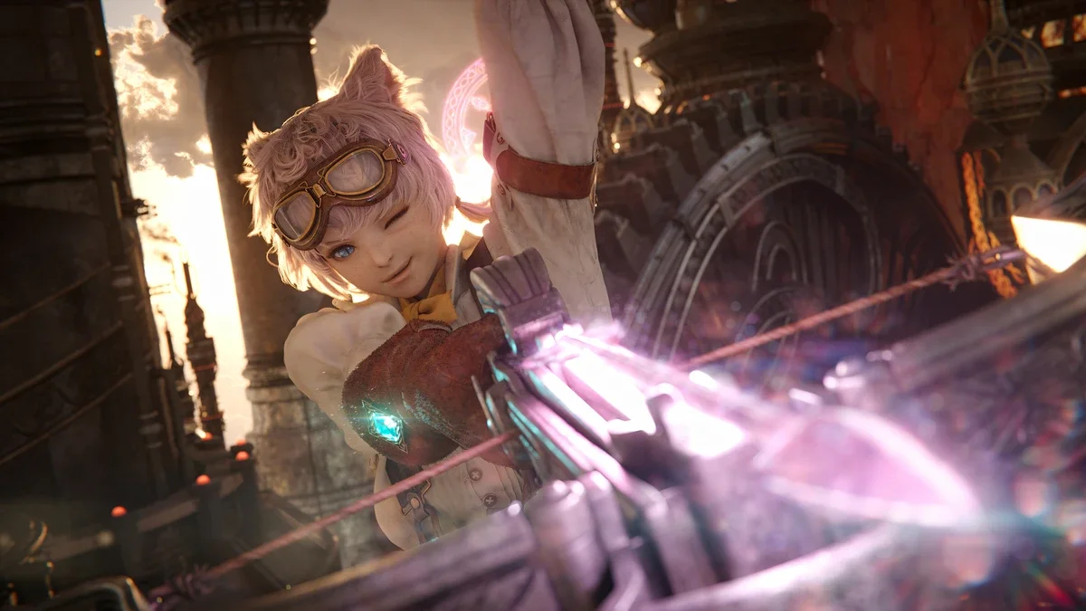 A smiling character with cat ears and pilot goggles aims a glowing pink crossbow bolt inside a sunlit stone and metal hall