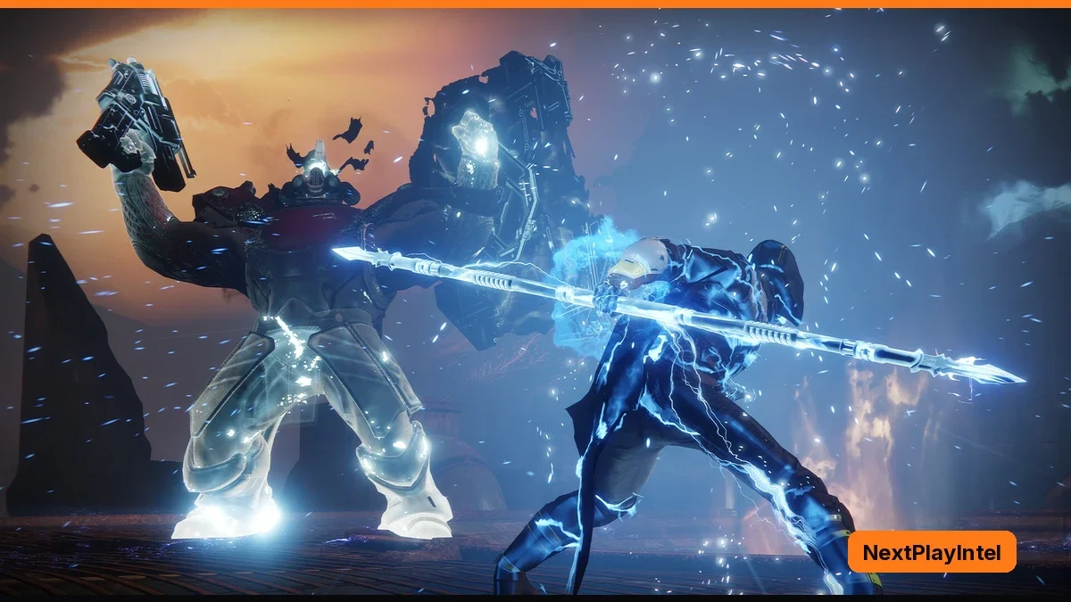 A Guardian swings a crackling blue electric staff at a hulking armoured Cabal soldier holding a heavy gun under an orange and blue sky