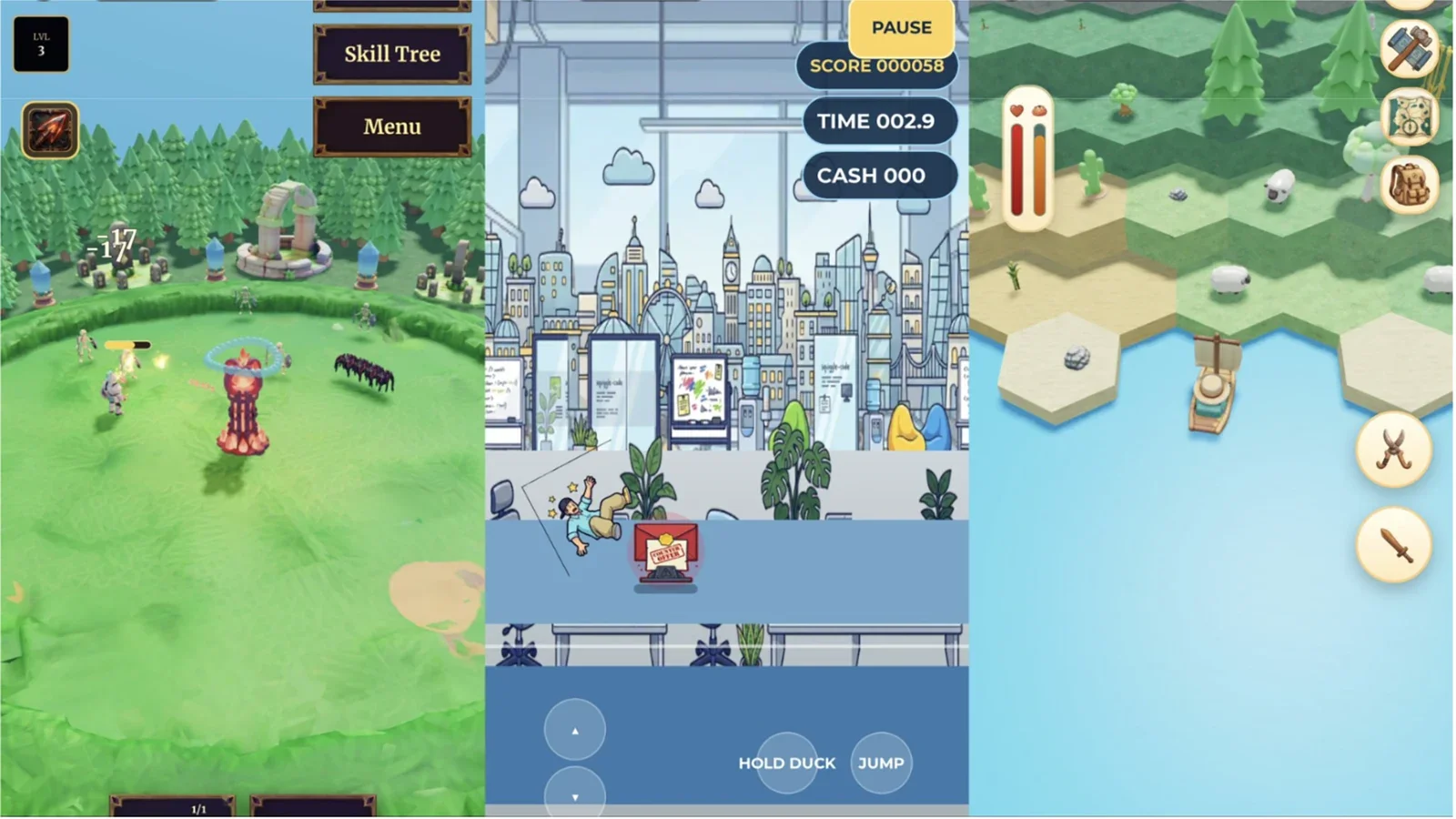 Three colourful Roblox game screens side by side: a fantasy battle arena with a skill tree menu, a 2D office runner with score and timer, and an island map with sheep and a raft