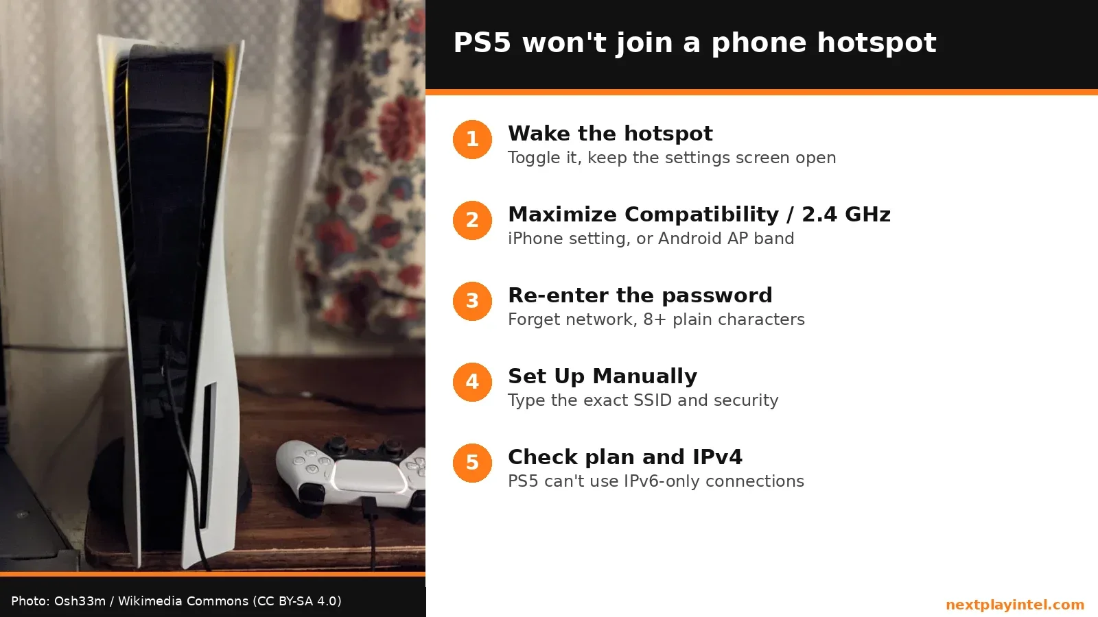 Infographic: fix order when a PS5 won't connect to a phone hotspot