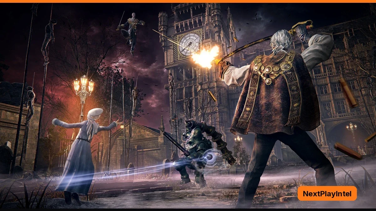 An old man in a heavy coat fires a glowing weapon at a dark armoured creature on a gothic city street at night, while a woman in a white dress casts a blue spell beside a clock tower