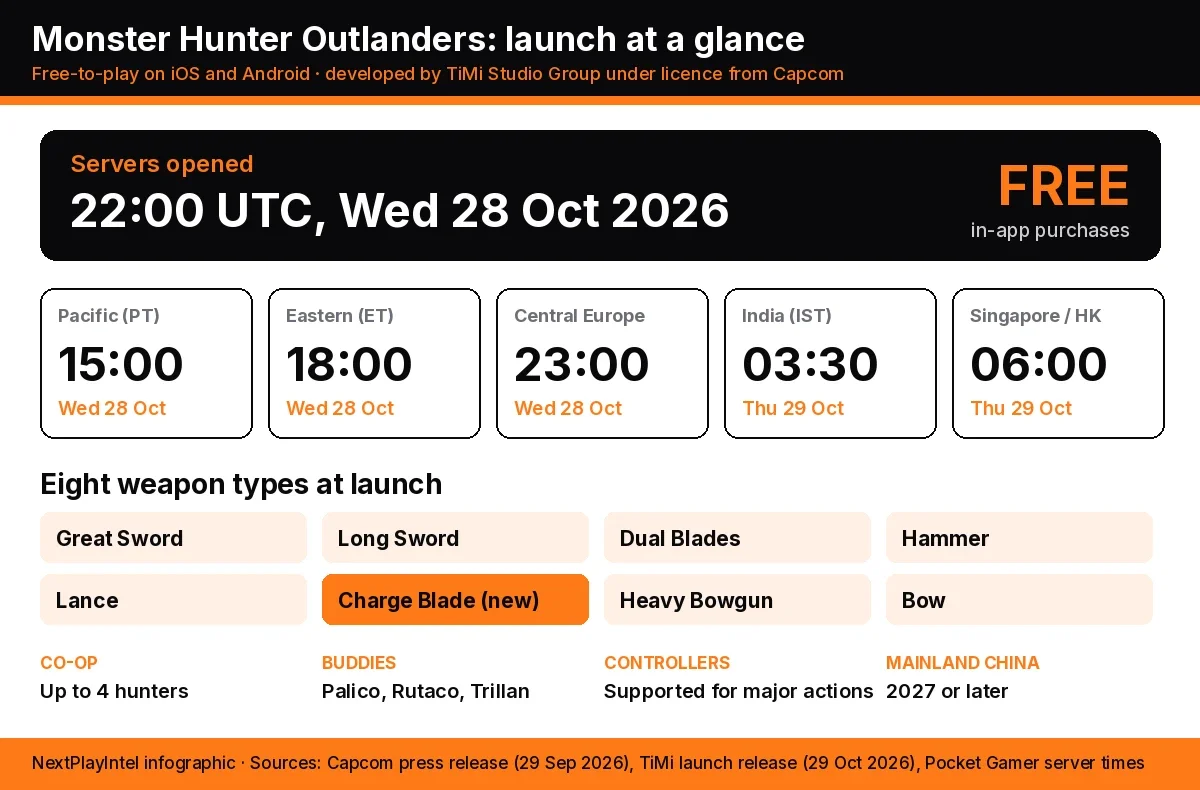 Infographic of the Monster Hunter Outlanders launch: 22:00 UTC server opening, times in five regions, free to play, eight weapon types with the Charge Blade highlighted, and co-op and buddy details