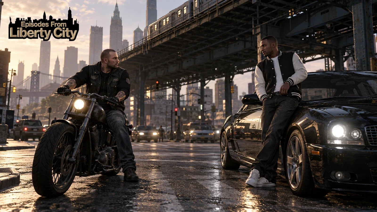 AI recreation: gritty city intersection where motorcycle and luxury coupe meet beneath elevated railway. Grand Theft Auto Episodes from Liberty City logo.