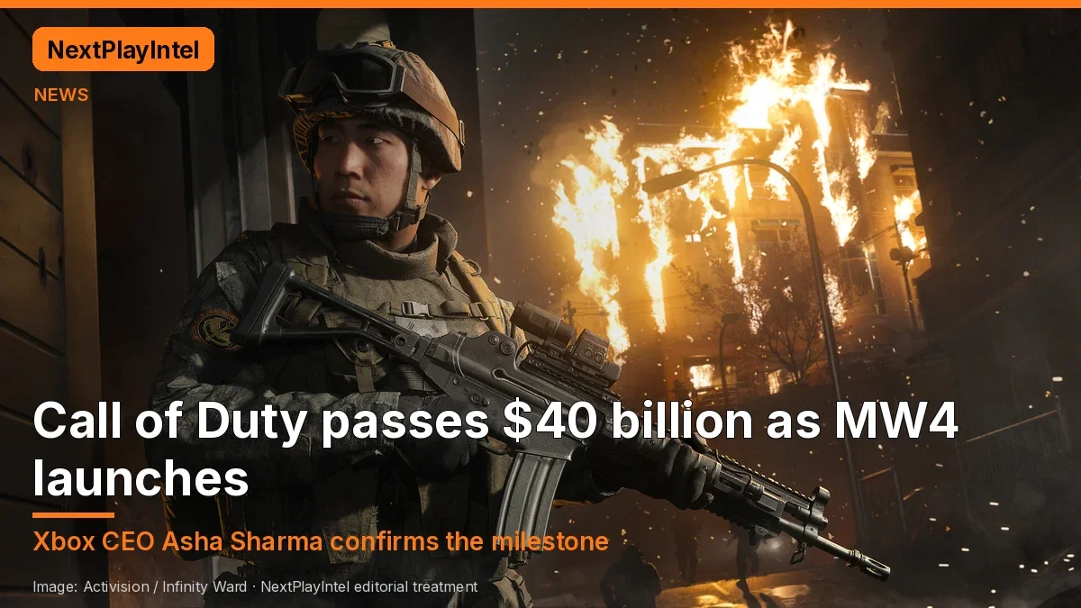 Modern Warfare 4 soldier in front of a burning building with the Call of Duty $40 billion headline