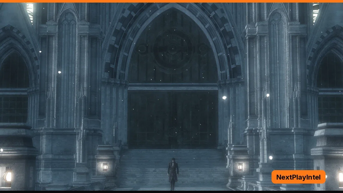 A lone figure in a long coat stands at the foot of wide stone steps before a towering gothic cathedral facade with tall arched windows, in cold blue light