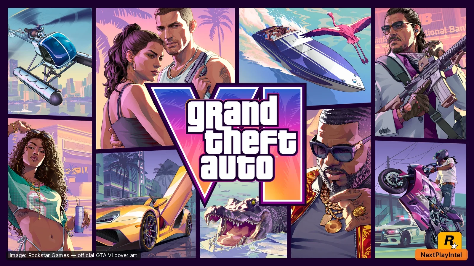 Official Grand Theft Auto VI cover art collage showing Jason, Lucia and other characters around the GTA VI logo