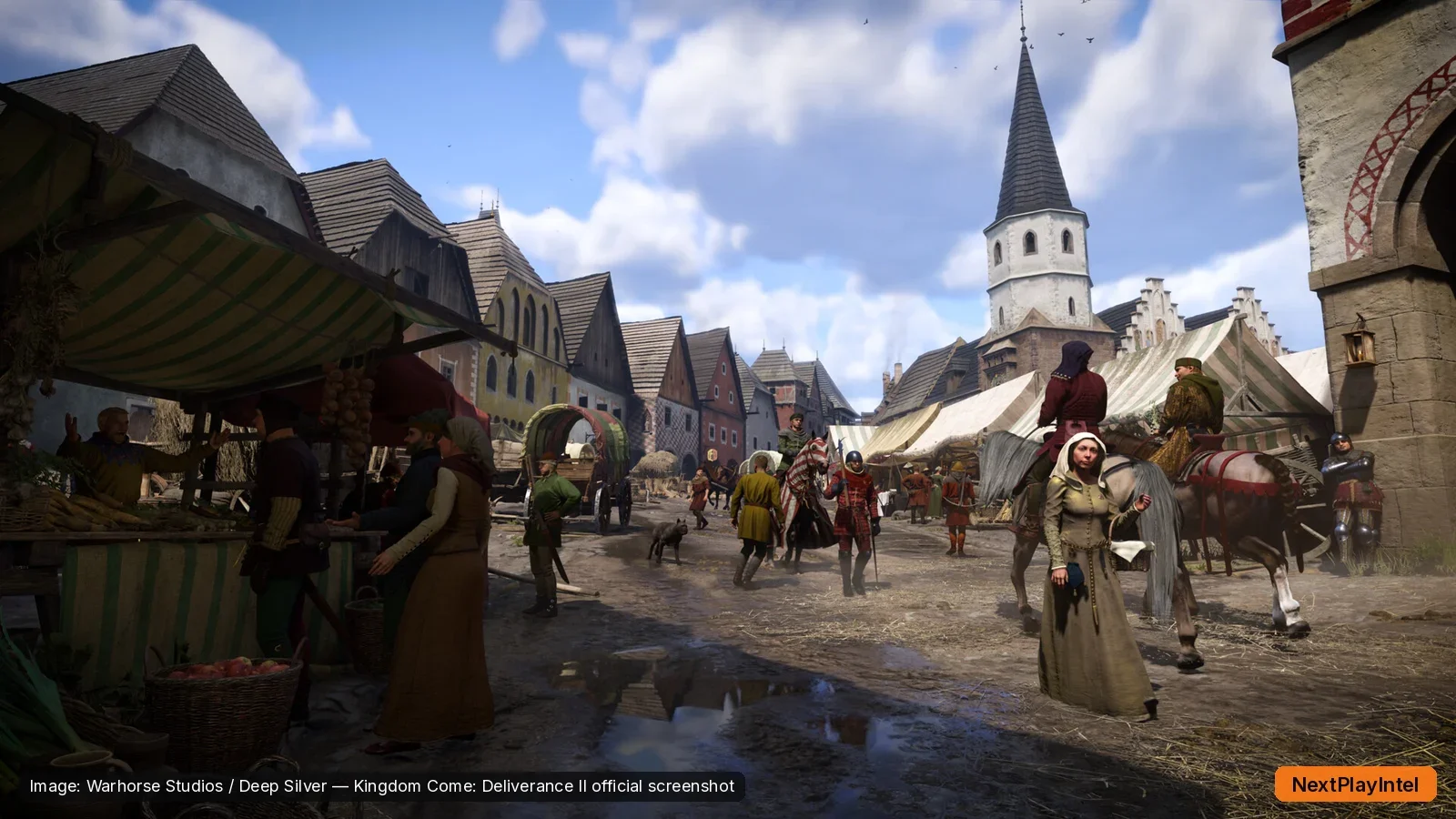 Kingdom Come: Deliverance II official screenshot of a busy medieval market square below a church tower