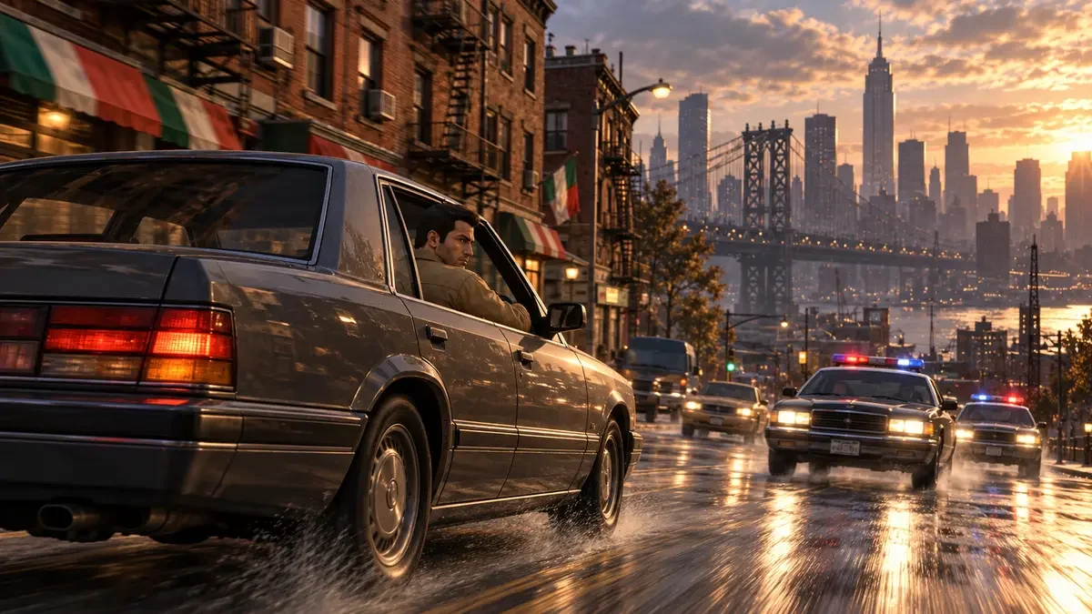 AI illustration of Toni Cipriani in a grey sedan on a city street with brick buildings and a distant bridge.